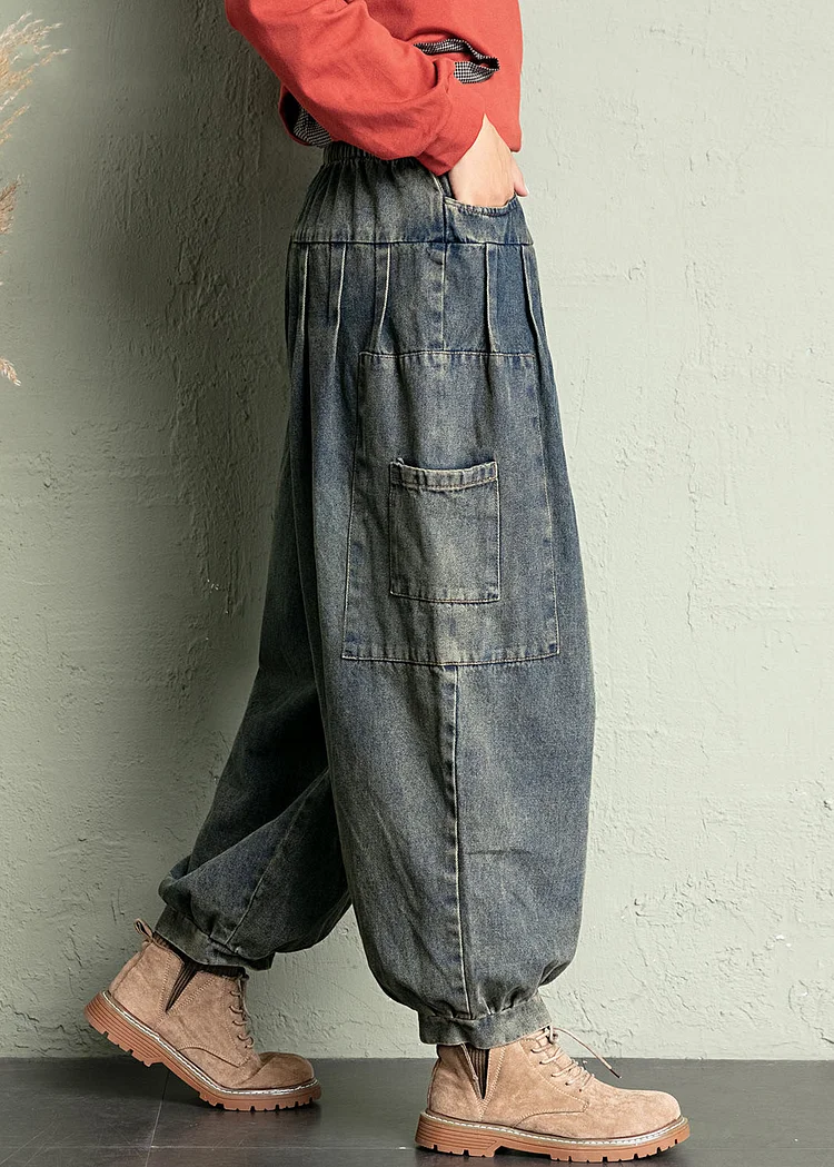 Vintage Blue Pockets Elastic Waist Denim Crop Pants Spring