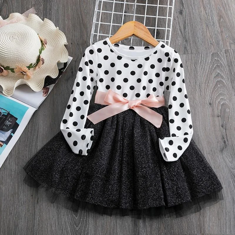 Winter Kids Dresses For Girls Long Sleeve Children Clothing Polka Dot Tulle Tutu Girls Casual School Wear Princess Party Dress