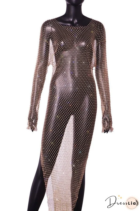 Best Layering Items Diamond Mesh Wide Neck Long Sleeve Slit Cover-up Maxi Dress