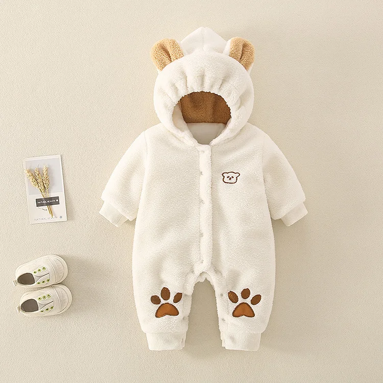 Baby Boy/Girl Bear and Arch Patch Long Sleeve Hooded Fluff Romper