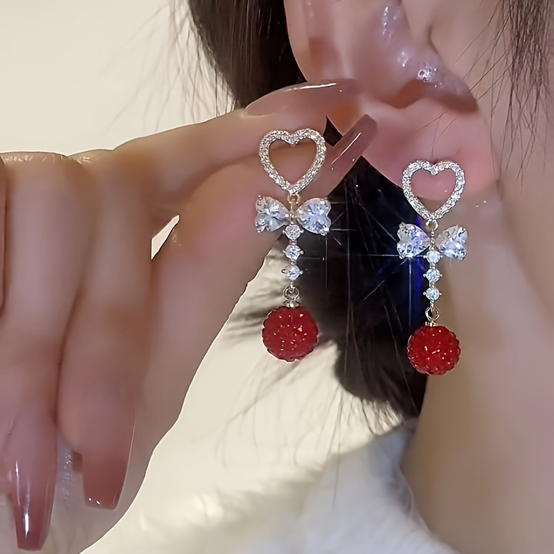 Elegant Heart Bow Drop & Dangle Earrings with Rhinestone Accents and Red Berry Pendant, Alloy Fashion Jewelry for Women, Versatile for Daily Wear and Gift-Giving, No Plating - Korean Style
