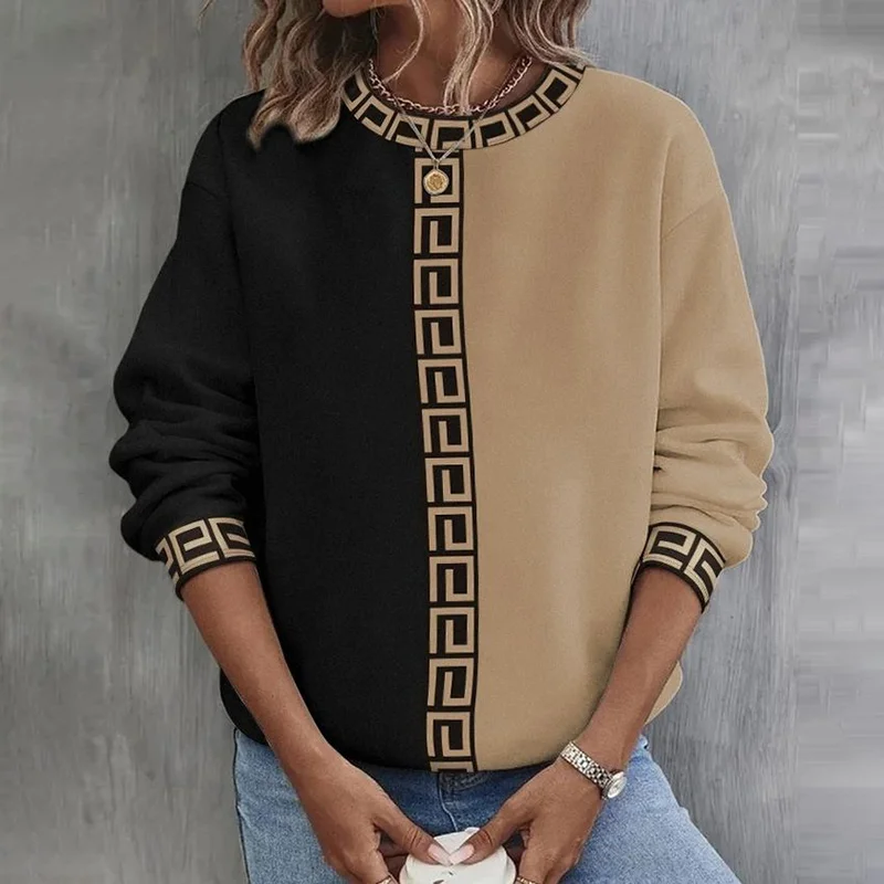 Greek Key Pattern Contrast Color Round Neck Casual Sweatshirt