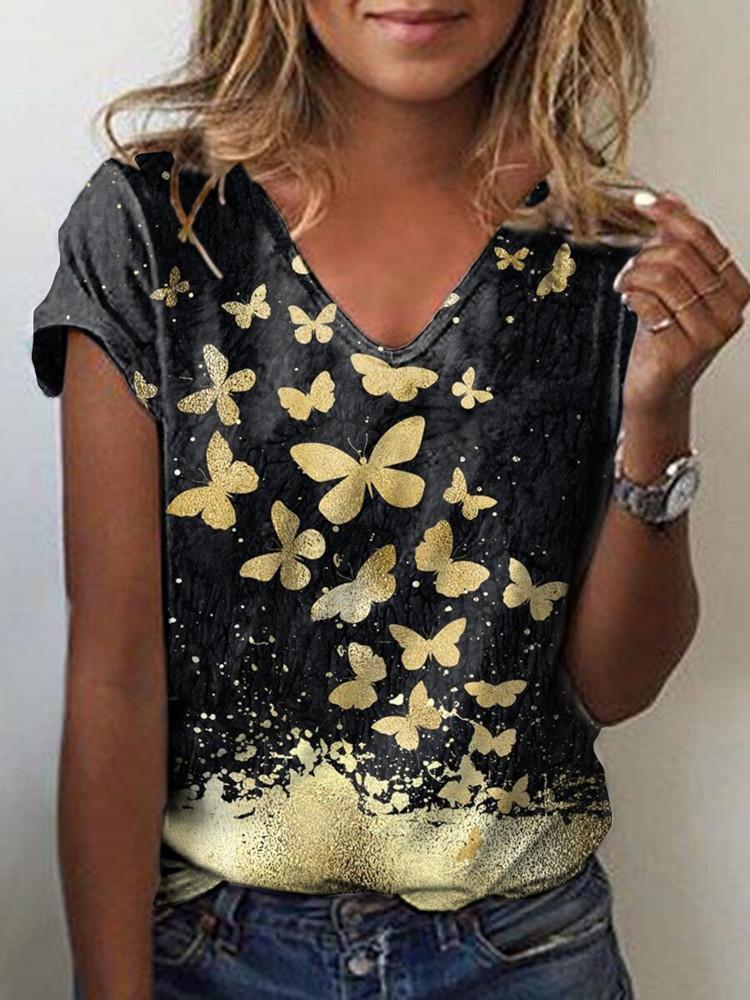 Women Short Sleeve V-neck Printed Sequins Top