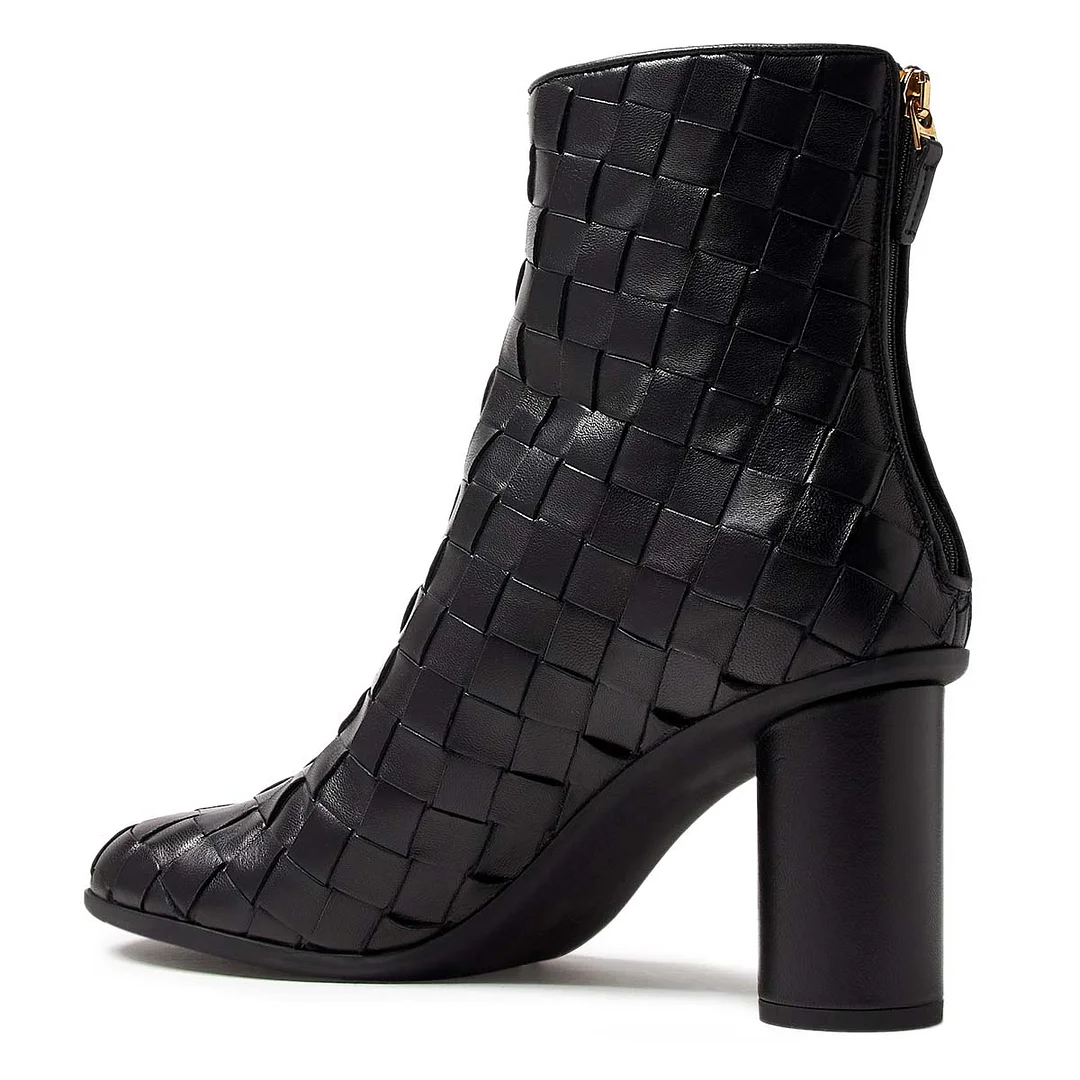 Black Round Toe Woven Cylinder Heel Zipper Short Boots for Women