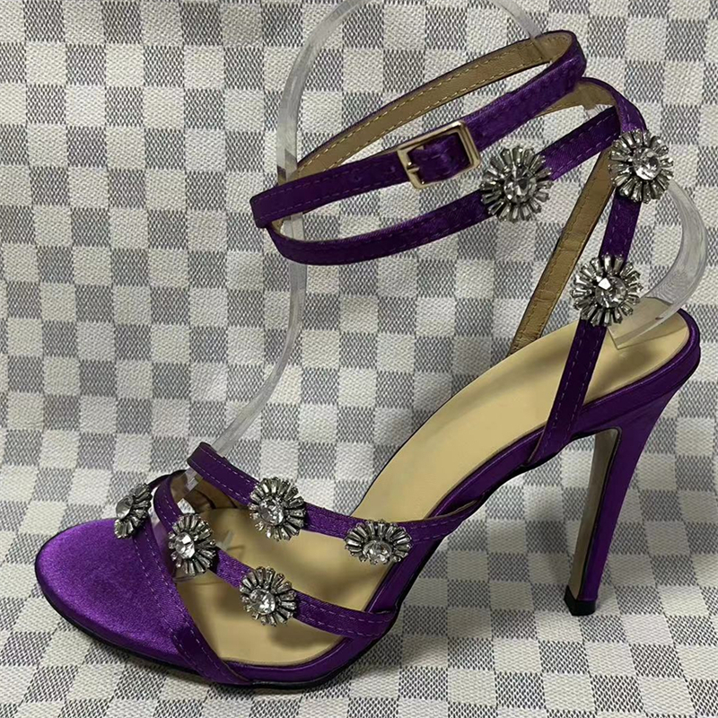 Jeweled Sunflower Embellishment Sandals Women 10cm Stiletto Heel Satin Narrow Band Ankle Strap Shoes