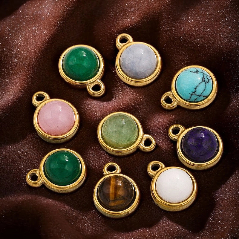 3 Pieces 13*10mm 14mm 304 Stainless Steel Natural Stone Round Pendant Jewelry Accessories