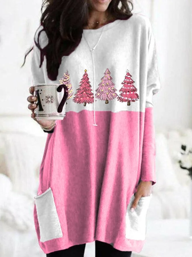 Women's Pink Christmas Tree Print Long Pocket T-Shirt