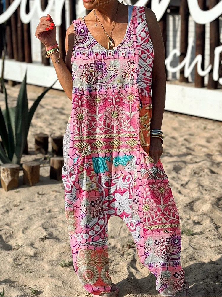 Floral Pattern Hippie Art Print Casual 100% Cotton Wide Leg Jumpsuit