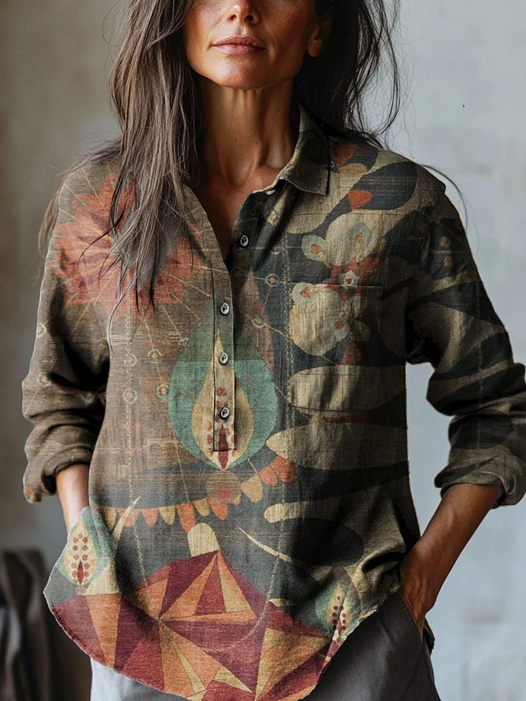 Women's Vintage Flower Art Print Casual Cotton And Linen Shirt
