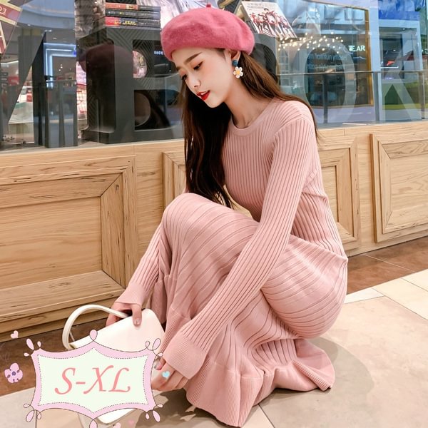 Autumn And Winter Ruffled Fishtail Skirt Slim Bag Hip Inside Bottoming Over The Long Sweater Knit Sweater Dress - BlackFridayBuys