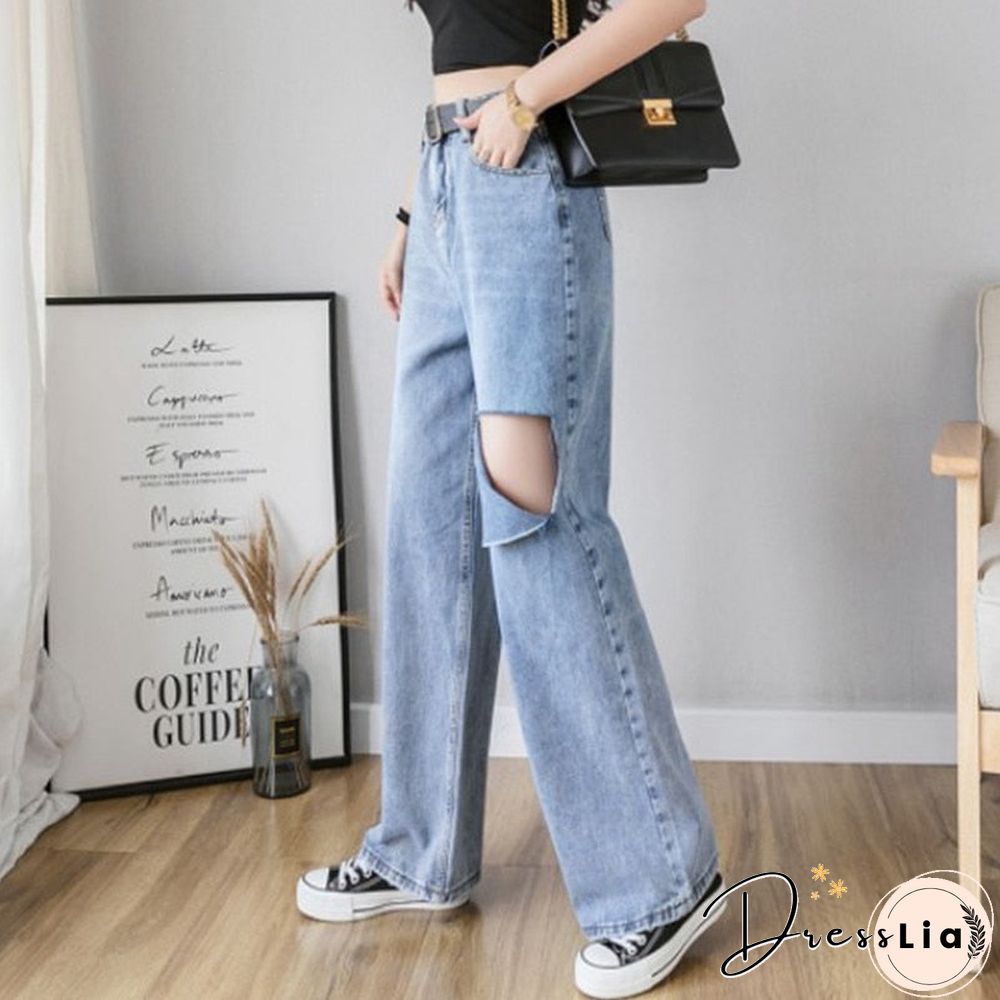 High Waisted Ripped Womens Jeans-For clothes wide leg denim clothing blue streetwear