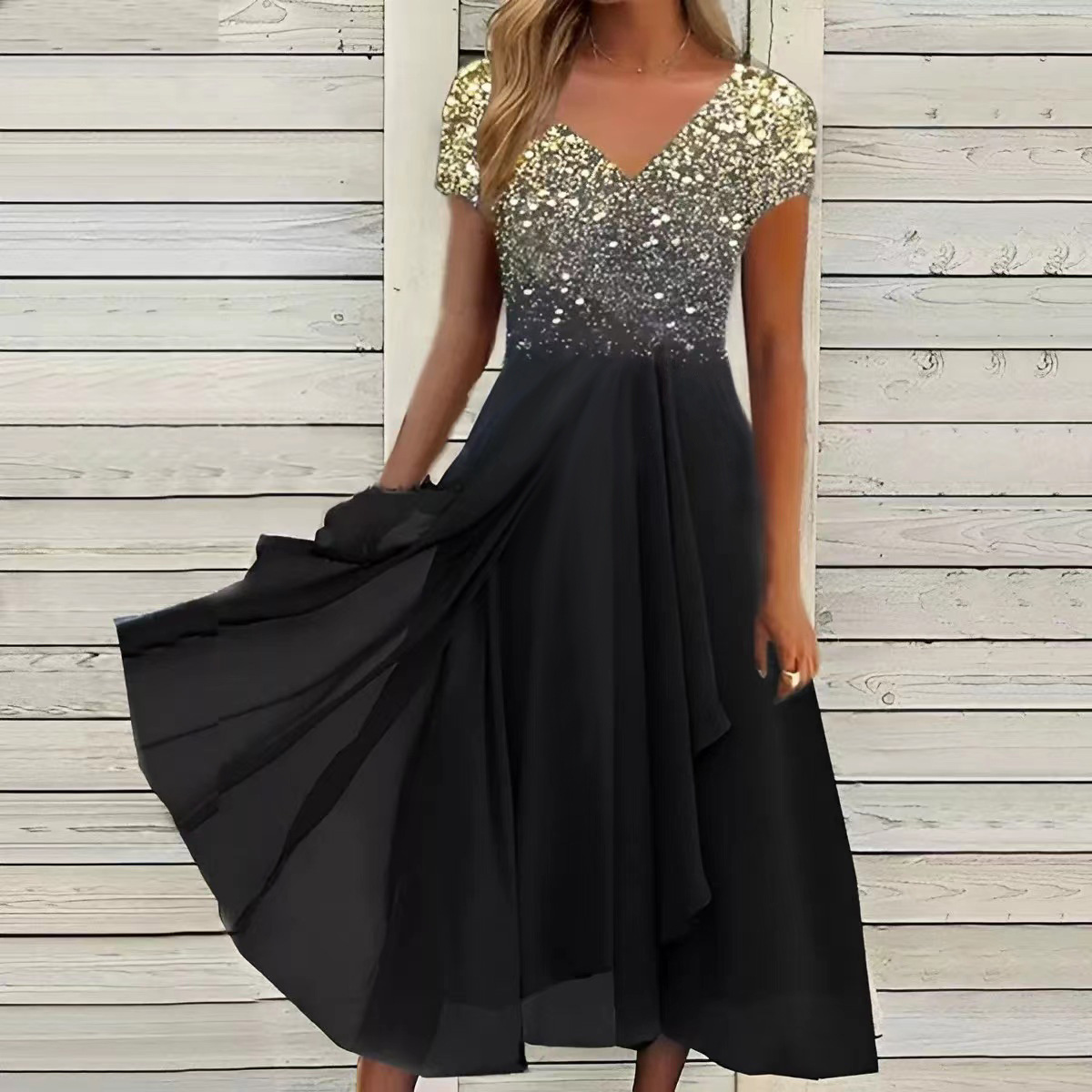 Monroewheels Summer New Women's Fashion Chiffon Patchwork Print Sexy V-neck Casual Mid Length Short Sleeved Dress