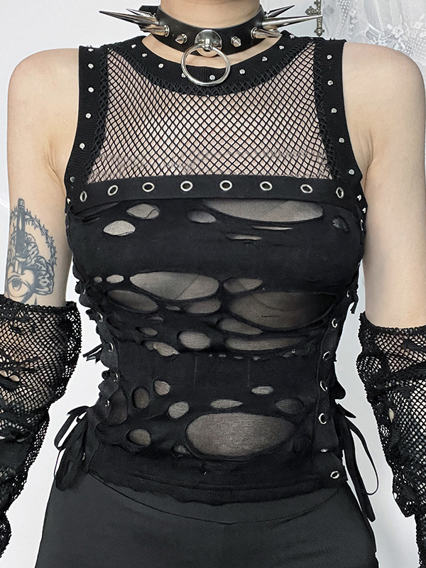 Gothic Sexy Girl Ripped See-through Sleeveless Top