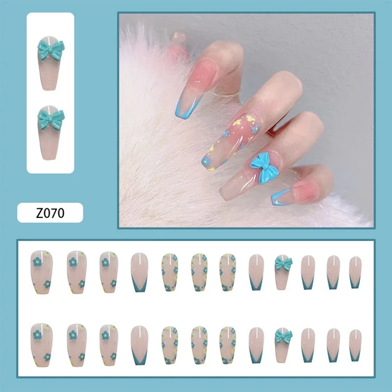 24pcs False Nails With Designs Full Cover Long Head Cute Blue Flower Fake Nail Wearable Finished Nail Piece With Glue Ty-Nail Inspo