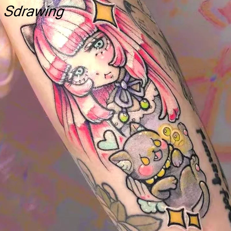 Sdrawing Temporary Tattoo Sticker Anime Cartoon Cute Pink Hair Girl Flower Necklace Fake Tatto Flash Tatoo Art for Women Men