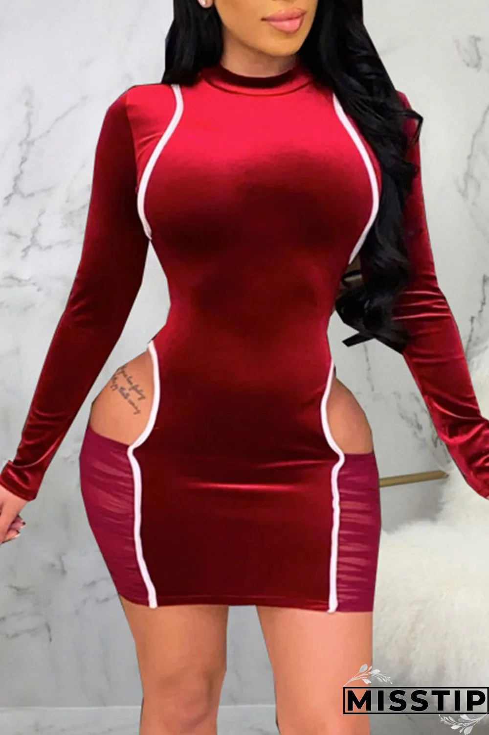 Burgundy Sexy Solid Hollowed Out Patchwork O Neck A Line Dresses