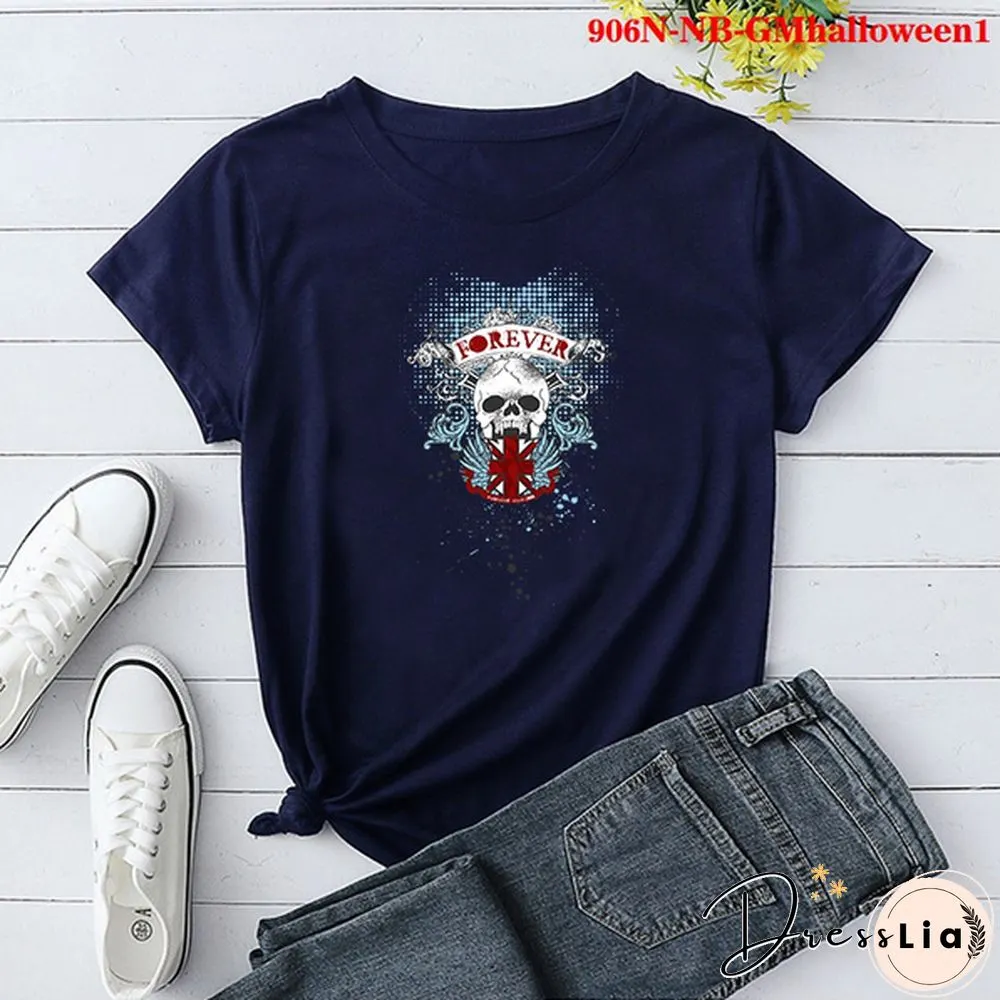 Fashion Funny Halloween Printed T-shirts Women Summer Casual Short Sleeved T-shirts Round Neck Tops
