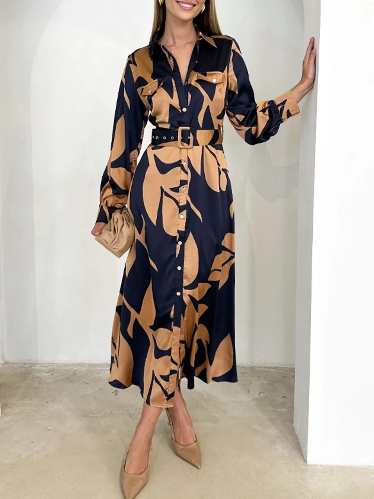 Floral Printed V-neck Long Sleeve Elegant Retro Dress