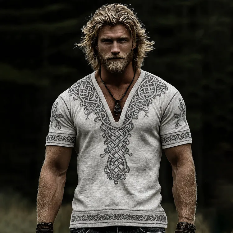 Men's Vintage Viking Celtic Knot Art Linen V-neck T-shirt