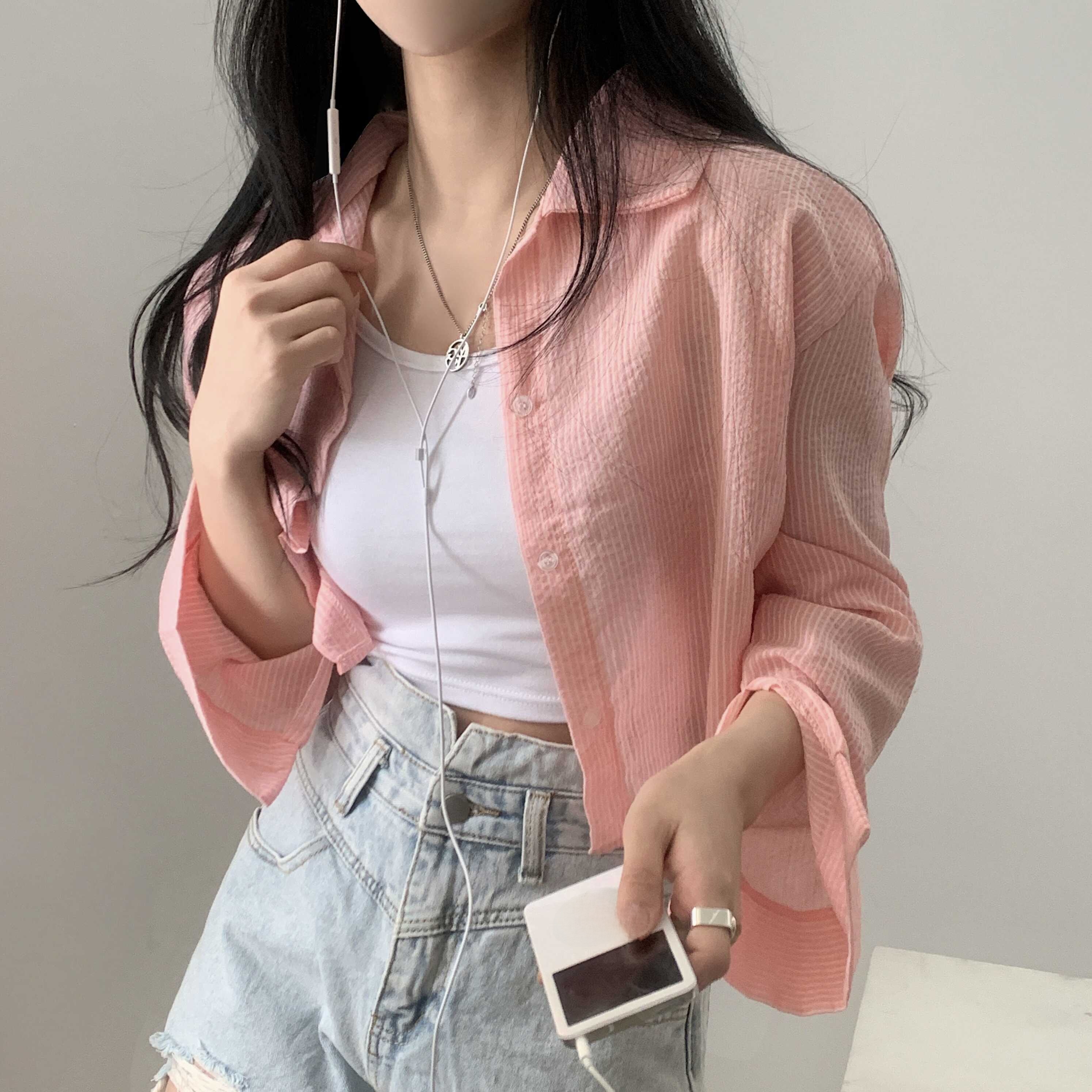 Gamezplane Textured Blue Striped Sun Protection irt Outerwear Women's Early Thin Mesabow Brand Commute Sle Loose Fit Long Sve ...