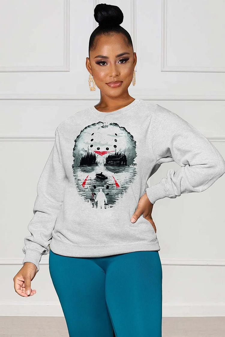 LORAGAL Painting Skull Halloween Print Long Sleeve Sweatshirts