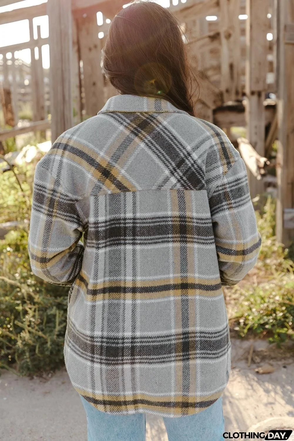 Plaid Button Front Curved Hem Shacket with Pockets