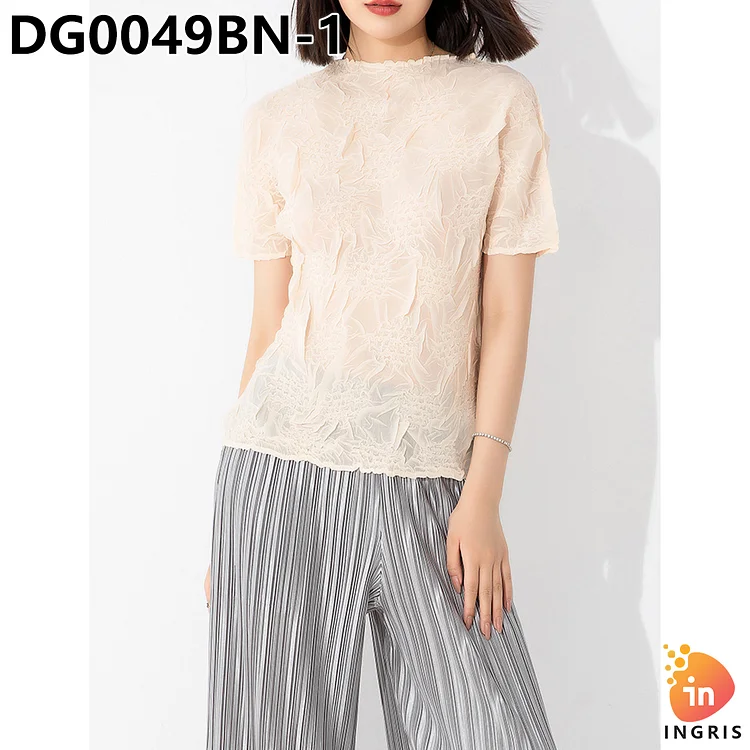 High quality pleated small stand collar pleated 3D embossed T-shirt-DG0049BN