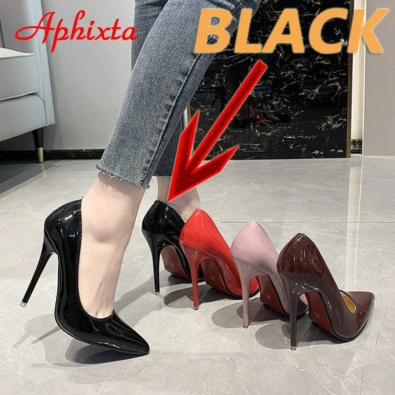 Aphixta 12cm Super High Thin Heels Pumps Women Shoes Pointed Toe Patent Leather Wedding Dress Office Femme Super Big Size 49 50