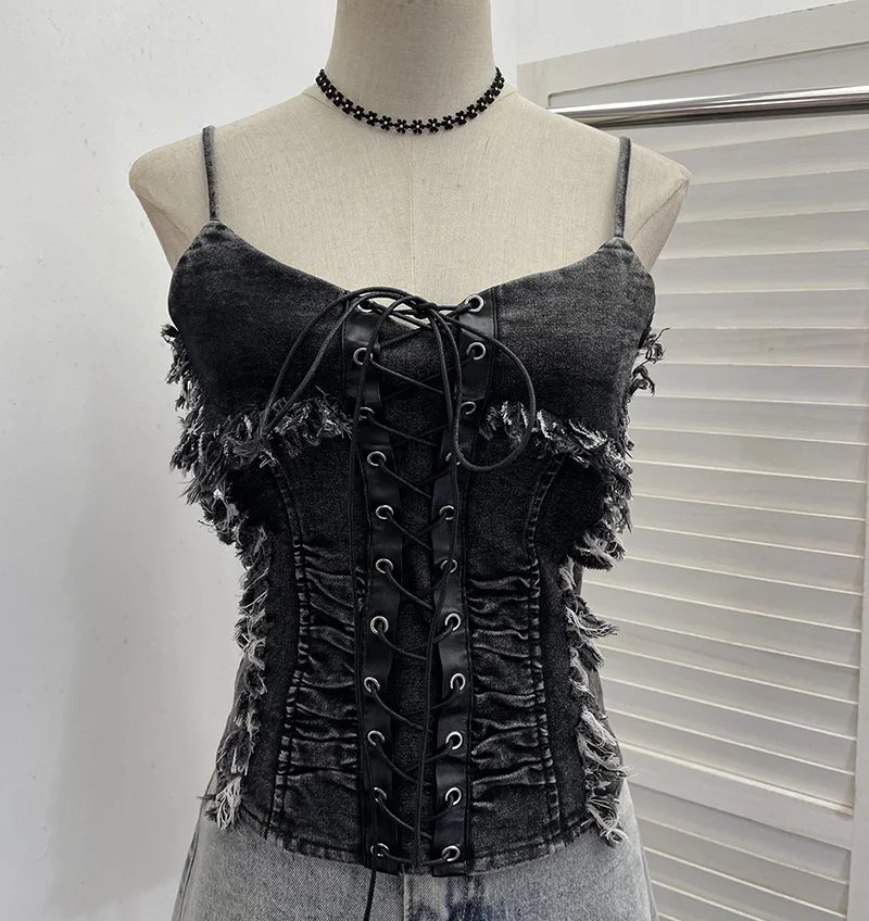 Uveng Real Shooting Do The Old Fur Side Of The Denim Splicing Pu Skin Lace Sling Vest Short Without Sleeve Top 618