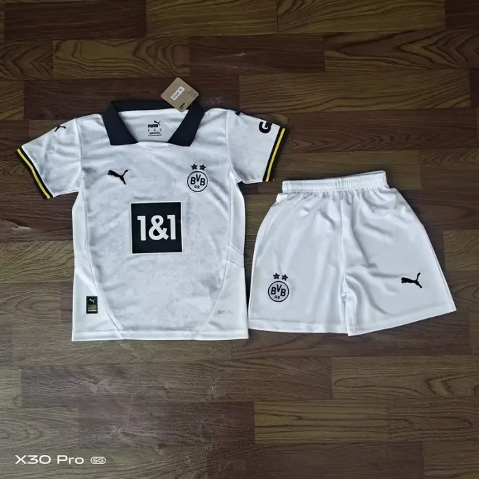 Kids Kit 2024-2025 Borussia Dortmund Second Away White Soccer Jersey
