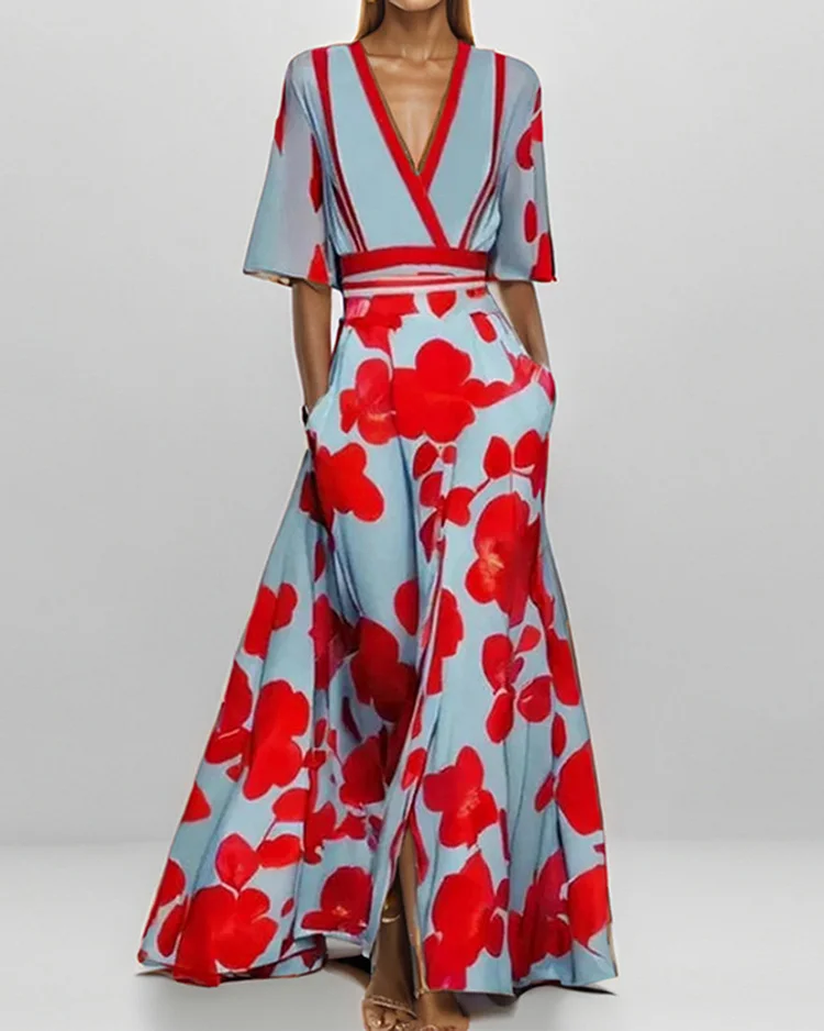 V-neck Printed Tie Dress