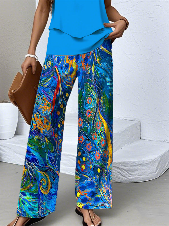 Women's Sleeveless Square Collar Graphic Printed Casual Set