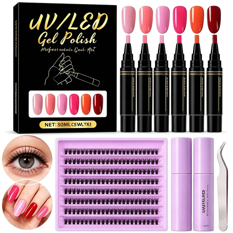 2-in-1 DIY Nail & Lash Beauty Kit &ndash; 6-Color UV/LED Gel Polish Pens, Cluster False Eyelashes, Lash Remover & Precision Tweezers, At-Home Manicure and Lash Extension Set