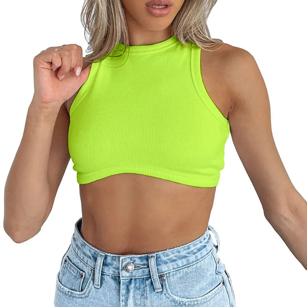 Uveng Uveng Women's New Women's Sexy Sleeveless Round Neck Rib Knit Vest Crop Top