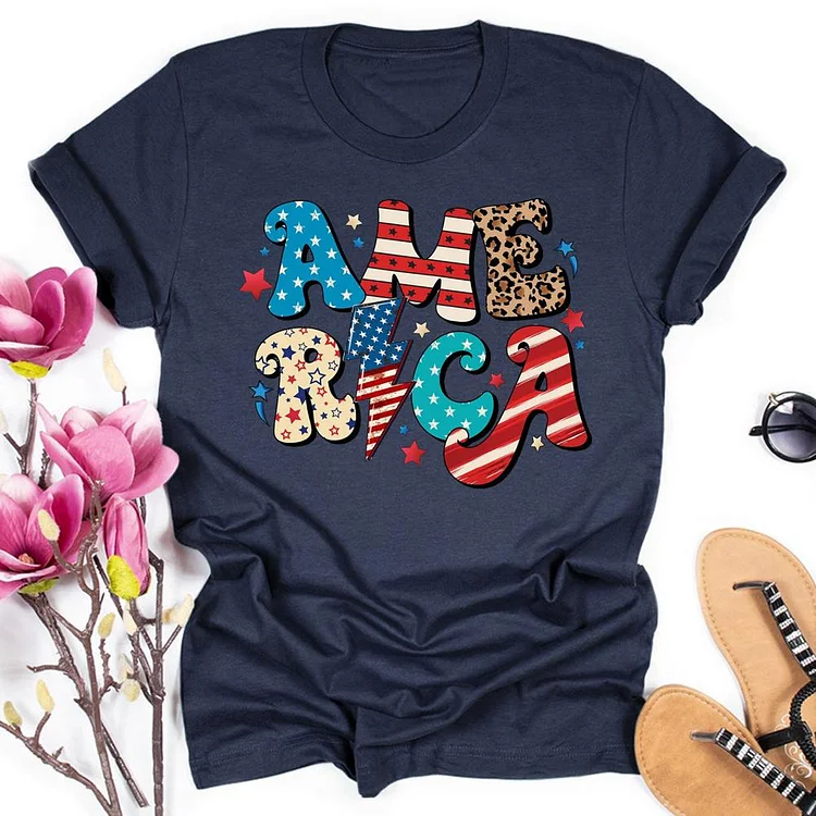 USA 4th of July Round Neck T-shirt-018230