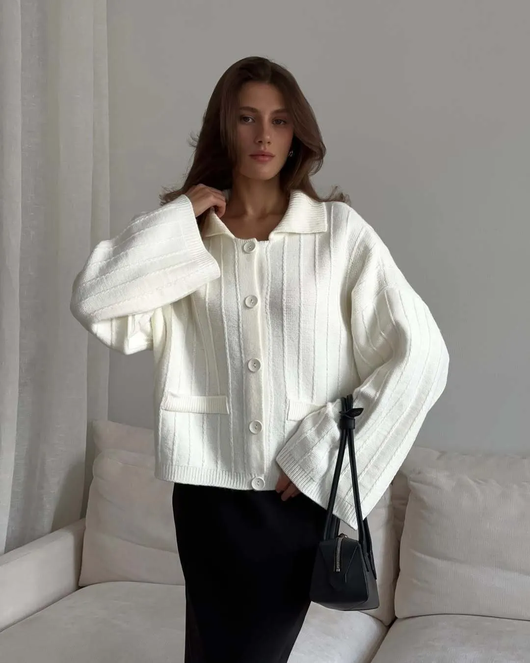 Women Lapel Collar Button Down Ribbed Knit Cardigan