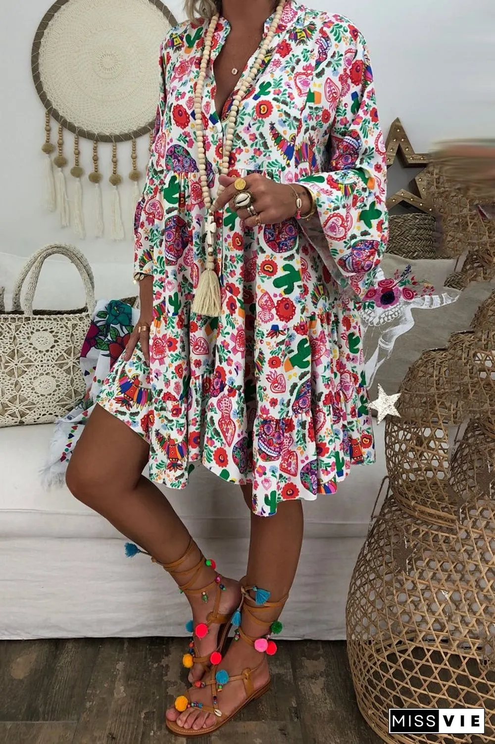 Bohemia Ruffle Hem Floral Printed Dress