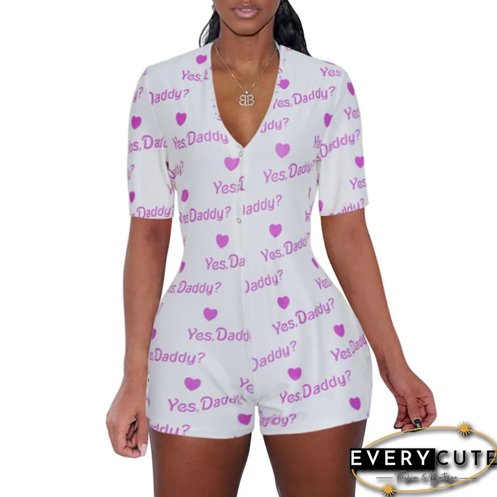 White Printed V Neck Bodycon Romper