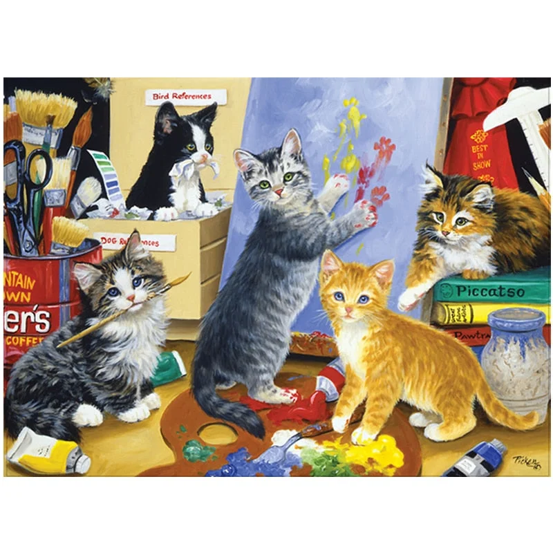 Wooden Jigsaw Puzzle 1000 Pieces Decompression Leisure Assembly Toy for Adults Children Kids The Cats are Drawing