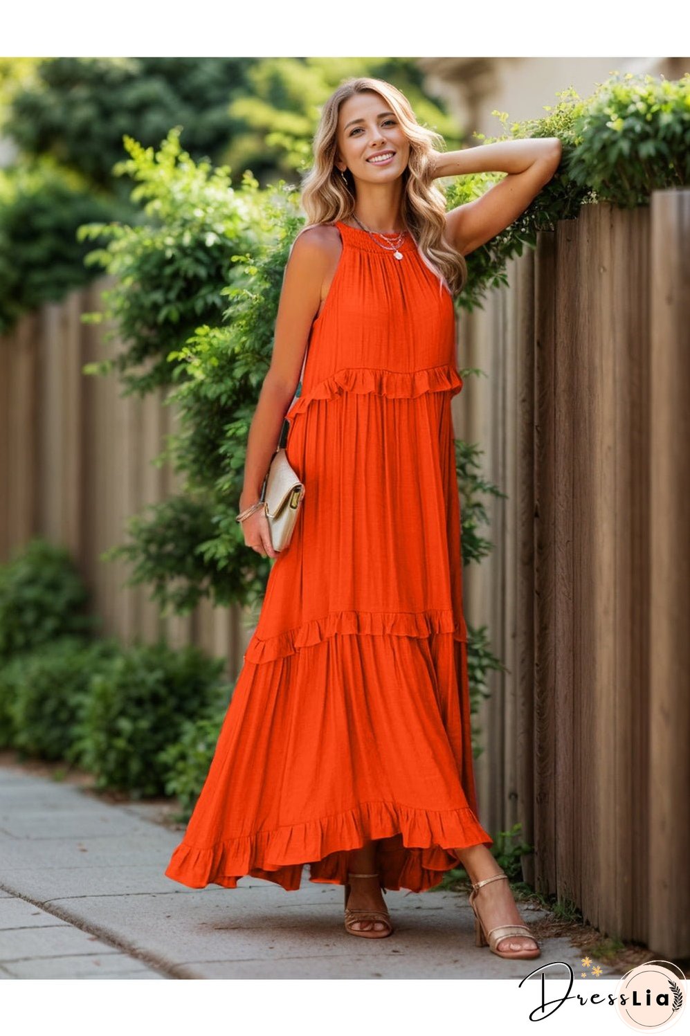 Ruffled Sleeveless Tiered Maxi Dress with Pockets