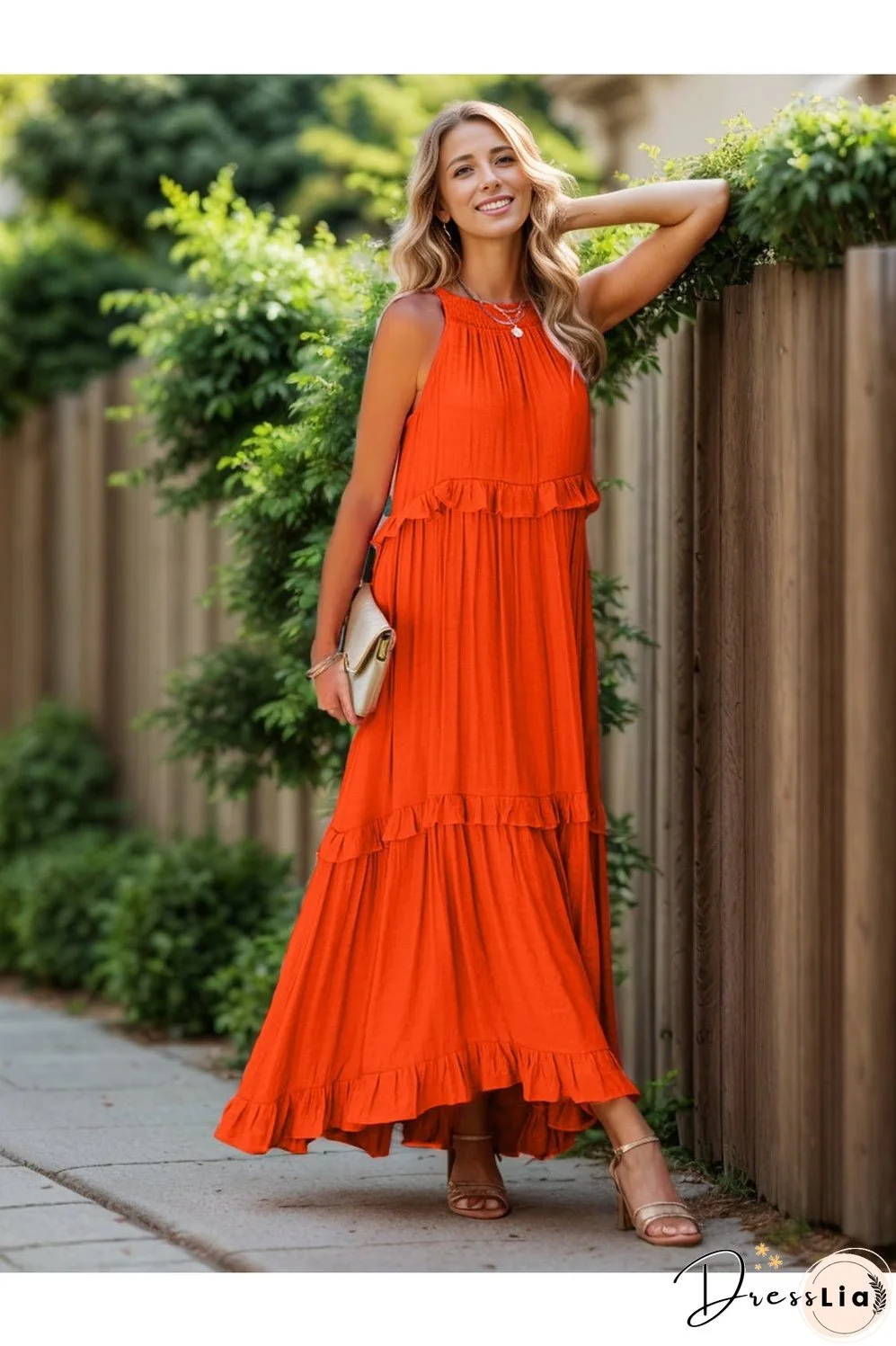 Ruffled Sleeveless Tiered Maxi Dress with Pockets