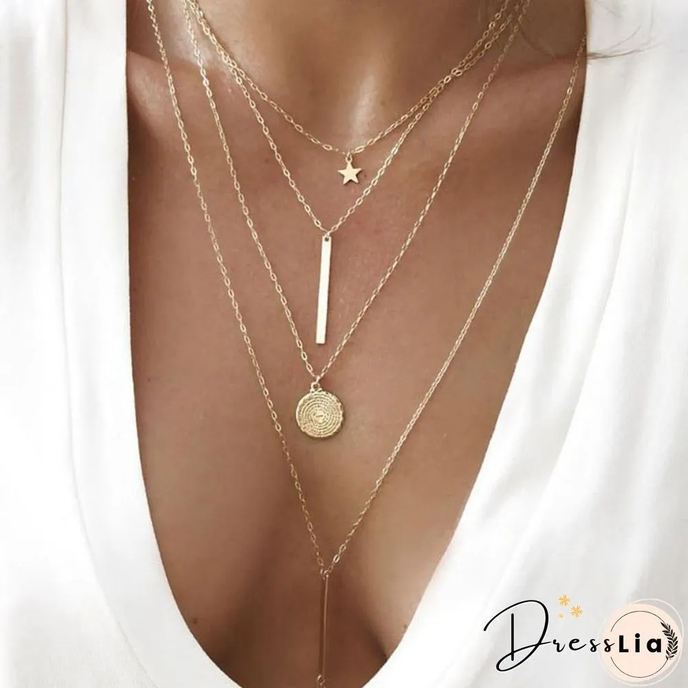 Multilayer Moon Alloy Metal Disc Gold Pendant For Women New Trend Female Jewelry Collar
