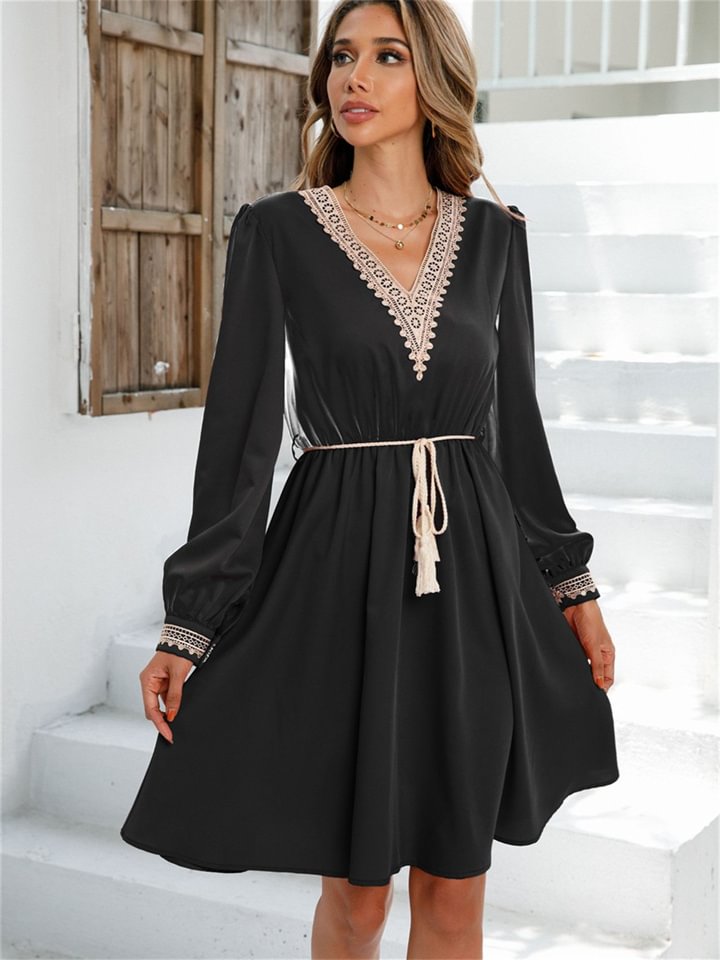 Fashion V-Neck Solid Color Long Sleeve Dress
