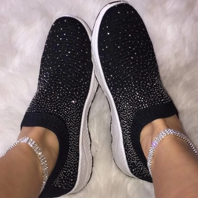 Women Casual Sneakers 2020 Summer Fashion Crystal Bling White Sneakers Slip On Flat Vulcanize Shoes Breathable Socks Sneakers
