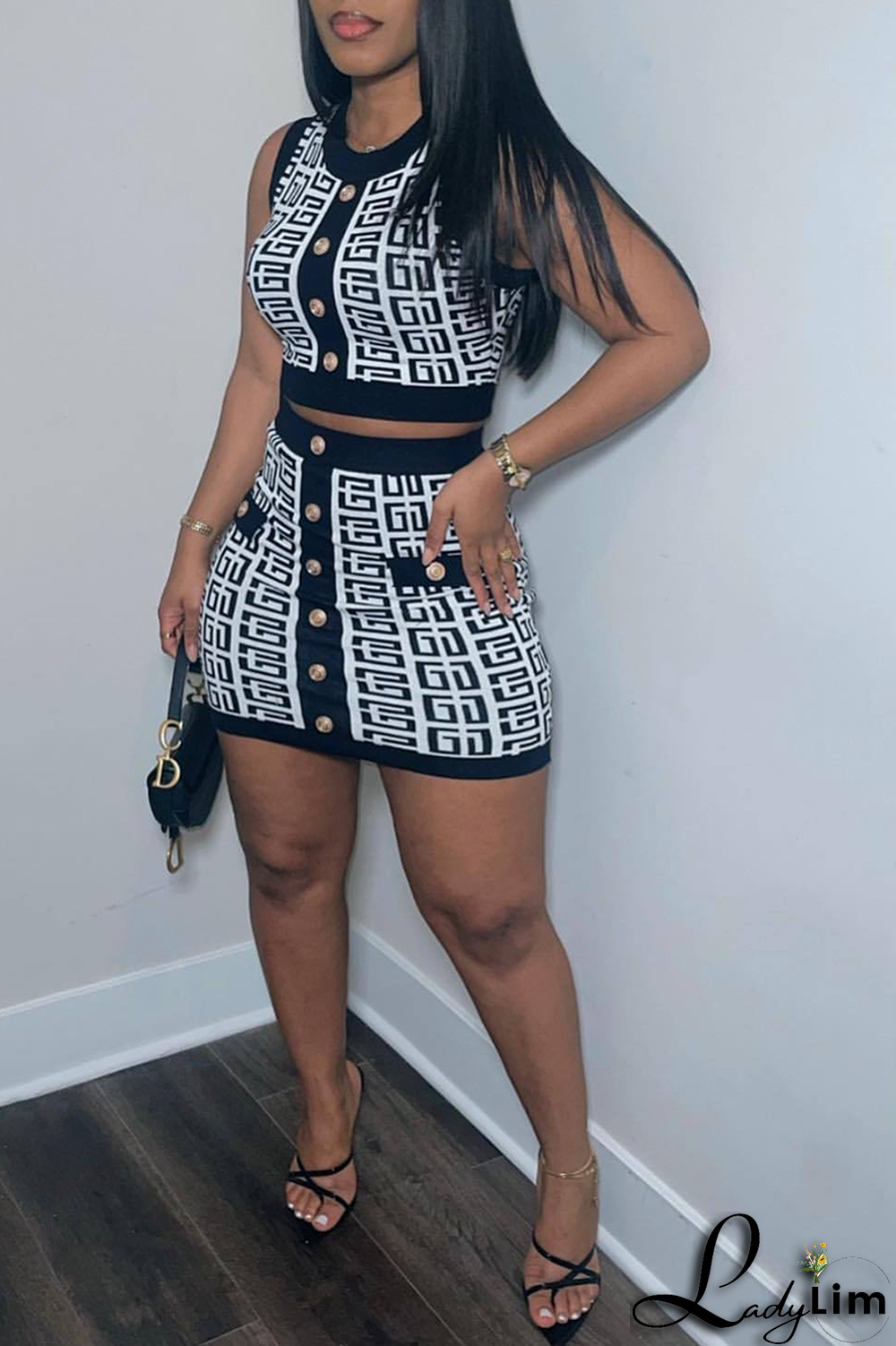 Coffee Sexy Print Buckle O Neck Sleeveless Two Pieces