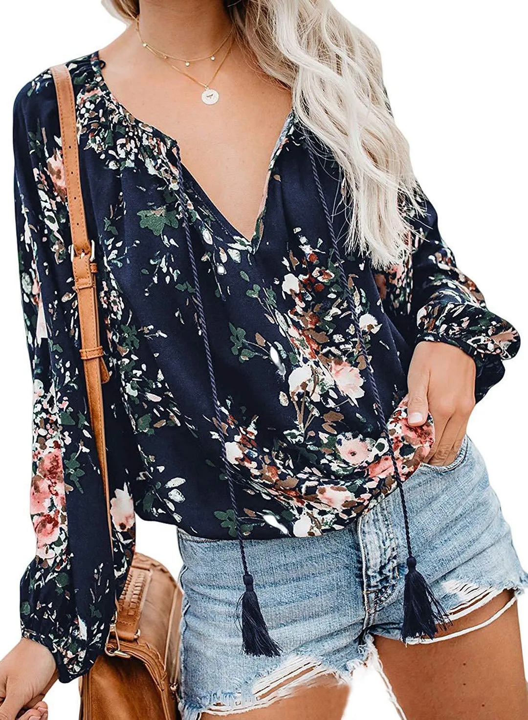 Churchf Churchf Autumn Floral Print Big V-Neck Long Sleeve Shirt Loose Rope Shirt Jacket Female