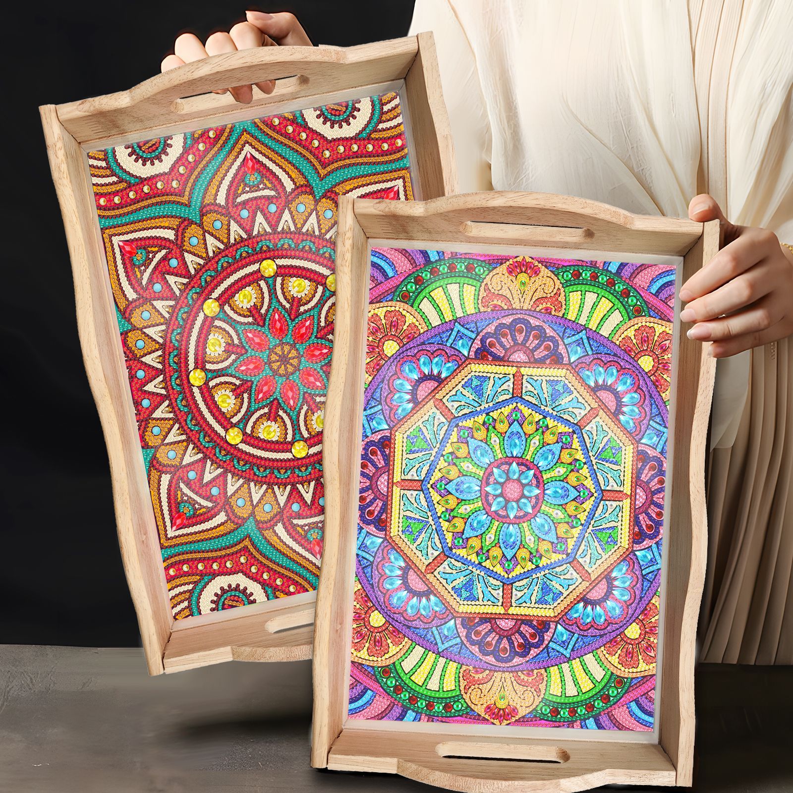 Cross border new large size diamond painting DIY dining plate Mandala regular handmade diamond tray wholesale