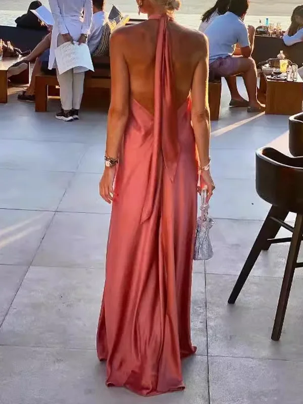 Elegant A-Line Halter-Neck Sleeveless Crisscross-Back Tie-Waist Maxi Evening Dress main image 1