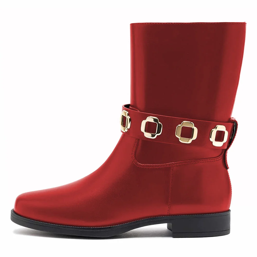 Red Round Toe Hardware Decor Strap Flat Short Boots for Women