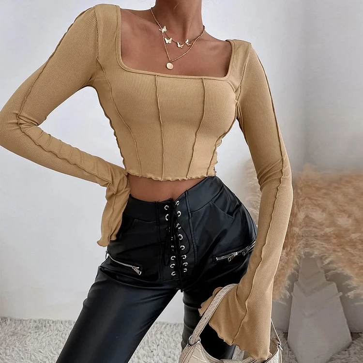 Spring And Summer New Slim Fit Long Sleeve Square-neck Pullover Knitted Top Women